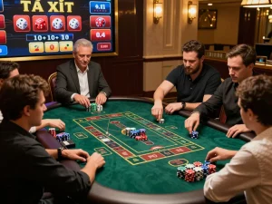 Experience the excitement of game tài xỉu as players strategize their bets at an online casino table.