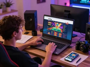 Engaging with the 678vip homepage, a player analyzes online casino strategies at home in a cozy gaming setup.