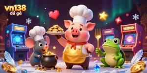 Engage in thrilling vn138 đá gà action with a lively illustration featuring a chef pig, sous-chef mouse, and food critic frog.