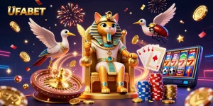 Experience UFABET's thrilling online casino game with vibrant characters and dynamic elements.