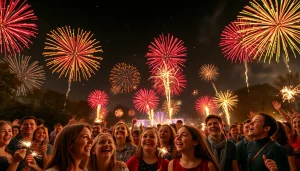 Enjoying vibrant manchester fireworks illuminating a festive night sky over a joyful crowd.