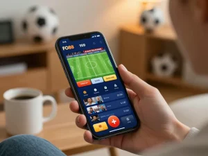 Engaging in sports betting on FO88 app, showcasing vibrant betting interface and home atmosphere