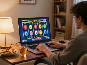 Player enjoying online gaming on uu88 com, with vibrant slots displayed on a laptop screen.