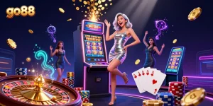 Experience the thrill of go 88 with a dazzling scene of a celebratory player at a jackpot slot, surrounded by casino excitement.