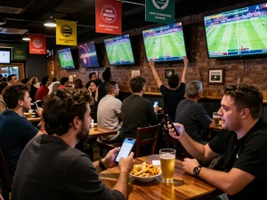 Patrons engaged at nhà cái 99ok sports bar, watching live games and placing bets on their smartphones
