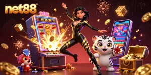 Experience net88 with a stunning acrobatic character and lively casino elements in an epic jackpot scene.