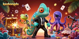 keobongda showcases a vibrant underwater casino scene with a secret agent chameleon, tech-gecko, and octopus.