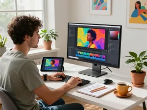 Dynamic AI editing scene with artist using nano banana pro for creative digital artwork