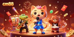 Engage with cm88 and win big while enjoying a vibrantly illustrated casino scene with animated characters.