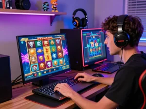 Player enjoying an exciting sun win gaming experience with vibrant graphics and cozy home setup.