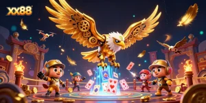 Experience thrilling gameplay at xx88 with a cybernetic eagle soaring through vibrant holographic cards.