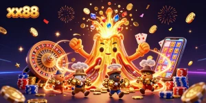 Win big at xx88 with exciting casino games like slots and poker amidst epic gold eruptions.