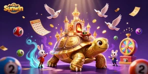 Experience thrilling gaming at Sunwin with a vibrant 3D illustration of a golden tortoise casino scene.