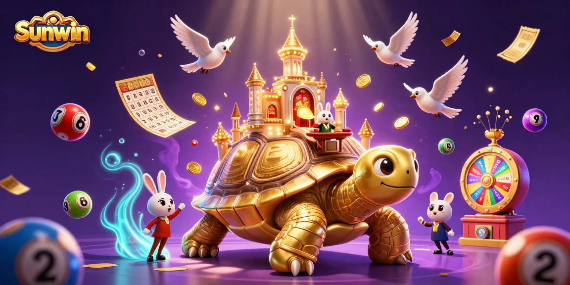 Experience thrilling gaming at Sunwin with a vibrant 3D illustration of a golden tortoise casino scene.