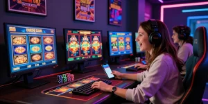 Enthusiastic player immersed in a vibrant online gaming experience at credit card casinos, surrounded by colorful slot games and dynamic graphics.