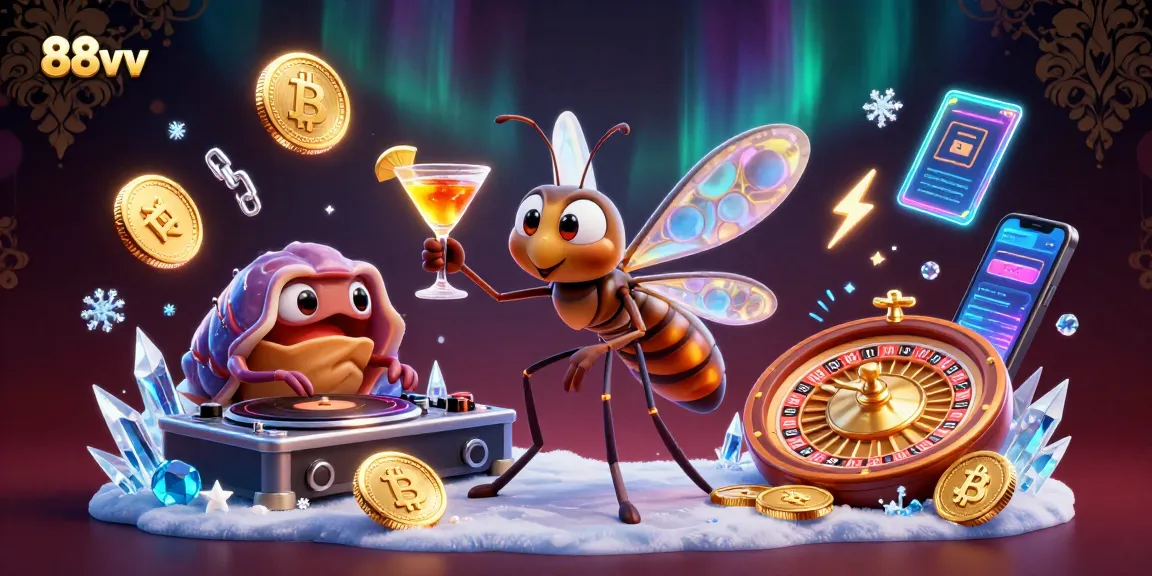 Engage with the lively 88vv casino scene featuring a frozen mosquito mascot, trilobite DJ, and crypto elements.