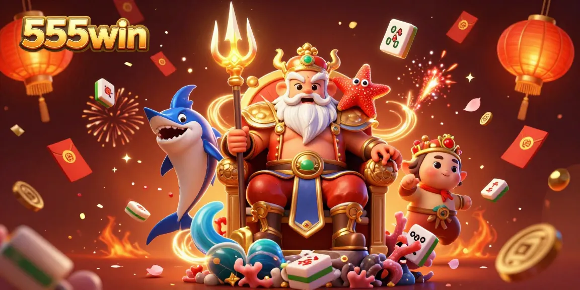 Experience thrilling gaming at 555win with Neptune and vibrant casino elements in a magical scene.